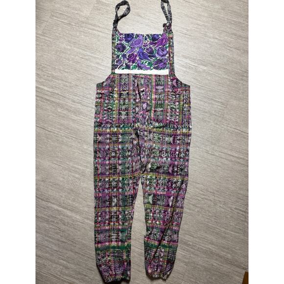 Vintage Rainbow Chic Overalls Handmade Guatemalan Knit M/L Stretch Cotton - Picture 1 of 9